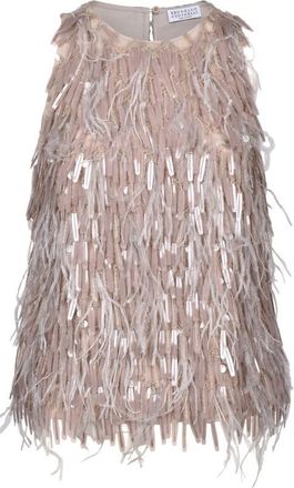 Brunello Cucinelli Sand Silk Sleeveless Sequin Top, Size Small