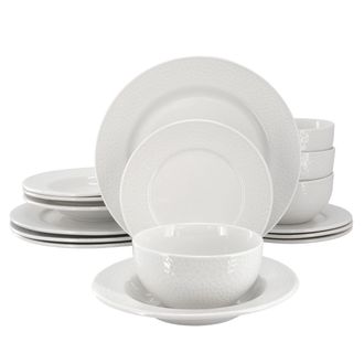 Elama Soyer 16 Piece Textured Design Double Bowl Porcelain Dinnerware Set in White