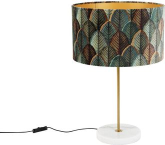 QAZQA Cl&aacute;sico/antiguo L&aacute;mpara De Mesa De Lat&oacute;n Con Pantalla De Terciopelo, Dise&ntilde;o De Hojas E Interior Dorado - Kaso Terciopelo /textil /acero /m&aacute;rmol Redond