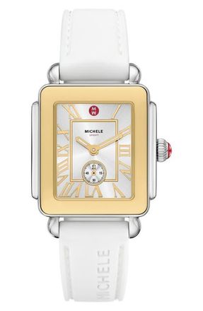 Michele Deco Sport Mid Two-Tone Silicone Strap Watch, 29mm x 31mm in White at Nordstrom