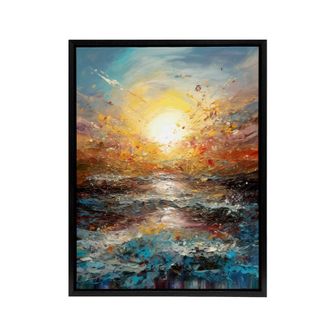 Artery8 Sunrise At Sea Abstract Seascape Framed Canvas Wall Art Print in Blue | Size: W24 x H32