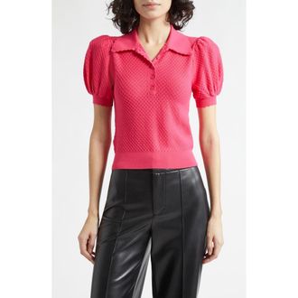 Alice & Olivia Ramona Puff SleevePointelle Polo Sweater in Deep Pink at Nordstrom, Size X-Small