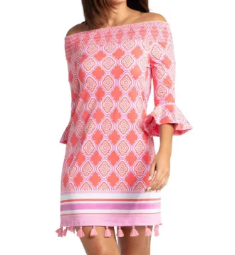 Cabana Life Geo Off The Shoulder Dress In Coral