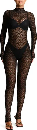 Naked Wardrobe Sheer Lace Long Sleeve Stirrup Jumpsuit in Black at Nordstrom, Size X-Large