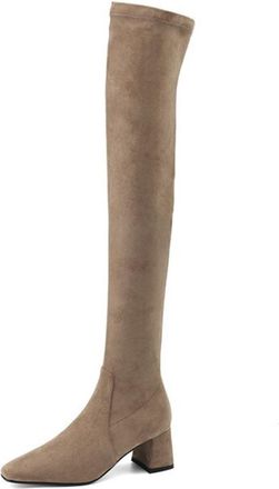 Generic Womens Over-The-Knee Suede-Like Boots Square Toe Mid Block Heels Side Zipper Stretch Fabric Sleek Silhouette Comfortable Non-Slip Durable Design,Camel