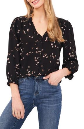 CeCe by Cynthia Steffe Floral Ruffle Button-Up Top in Rich Black at Nordstrom, Size X-Small