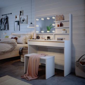 Vicco Tocador Emma, Blanco, 120 Cm Con Estante Con Espejo, Banco E Iluminaci&oacute;n Led, Vicco