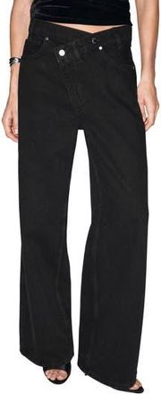 Mango Asymmetric Button Wide Leg Jeans in Black Denim at Nordstrom Rack, Size 4