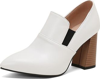 Generic MiaZane Womens Pointed Toe Ankle Boots PU Leather Block Heel High Heels Shallow Slip On Shoes Elegant Office and Party Footwear,White,4.5 UK