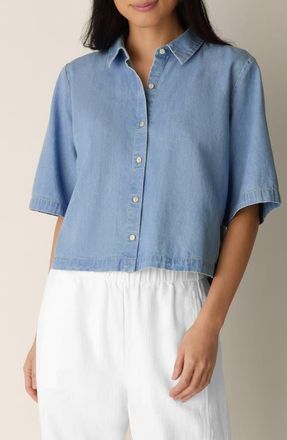 Eileen Fisher Classic Collar Short Sleeve Button-Up Shirt in Light Wash at Nordstrom, Size X-Large