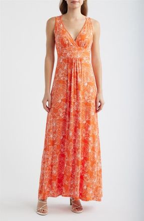 Loveappella Floral Sleeveless Jersey Maxi Dress in Tangerine at Nordstrom, Size X-Large