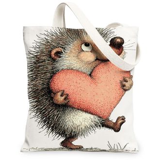 Generic Cute Hedgehog Canvas Tote Bags, Fanciful Animal Heart Pattern Reusable Grocery Bags, Lightweight Washable Shoulder Strap Ca, White, 13x15 Inch