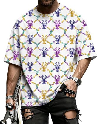 Generic Mardi Gras Shirts for Men, Colorful Lobster Print, Round Neck Short Sleeve Tee Holiday Summer Tops, L Multicolor Lobster B