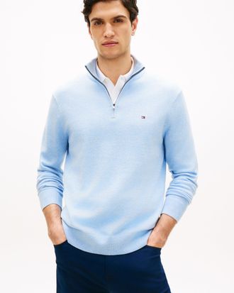 Tommy Hilfiger Mens Essential 1/4 Zip Sweatshirt in Light Blue Cotton - Size X-Large