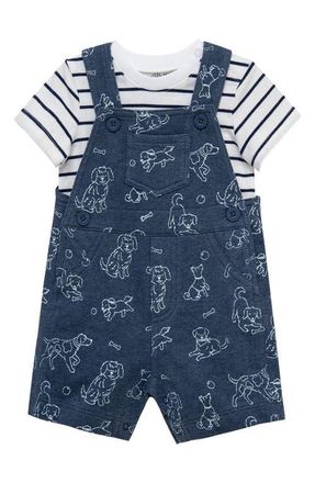 Little Me Puppies Overalls & Stripe T-Shirt Set in Blue at Nordstrom, Size 12M