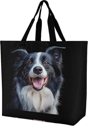 Generic Border Collie Happy Dog Reusable Shopping Bags One Shoulder Grocery Tote Bag Waterproof Big Purse for Work Travel