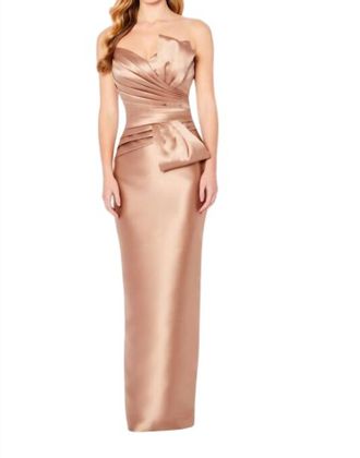 Cameron Blake Pleated Bodice Strapless Dress In Bronze