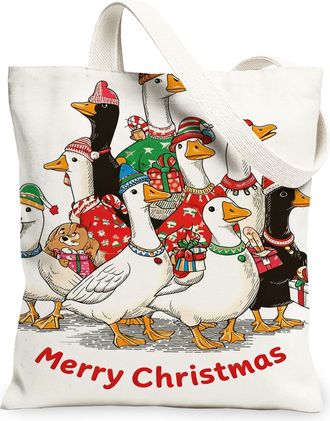 Generic Christmas Geese Canvas Tote Bags, Fun Bird Pattern Reusable Grocery Bags, Holiday Lightweight Washable Shoulder Strap, White, 13x15 Inch