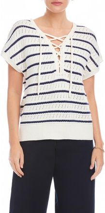 Fifteen Twenty Beth Stripe Lace-Up Cotton Blend Pointelle Sweater in Off White at Nordstrom, Size Small