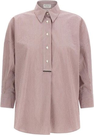 Brunello Cucinelli Overhemden, Dames, Rood, XS, Katoen, Gestreepte katoenen poplin blouse