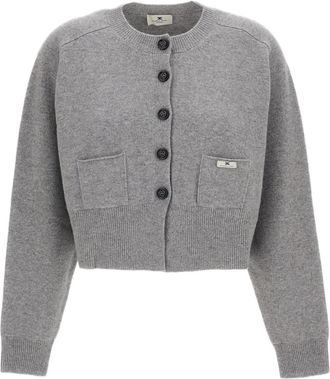 Elisabetta Franchi Grey Cropped Wool-Cashmere Button Cardigan