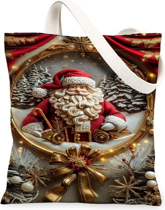 Generic Christmas Santa Canvas Tote Bags, Holiday Pattern Reusable Grocery Bags, Vintage Lightweight Washable Shoulder Strap Canvas, Red, 13x15 Inch