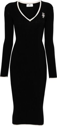 Elisabetta Franchi Ribbed V-Neck Midi Dress Black White