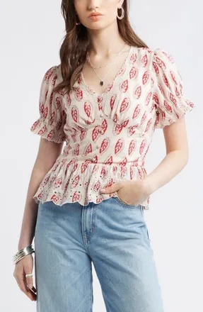 Treasure & Bond Cutwork Peplum Top in Pink- Rust Foulard Fleur at Nordstrom, Size Xx-Small