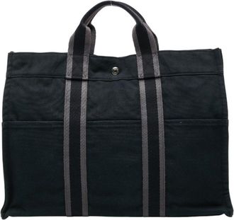 Herm&egrave;s Black Gray Canvas Handbag Tote Bag (Pre-Owned)