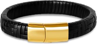 Bruno Magli Mens Classic Black Leather Bracelet, Gold