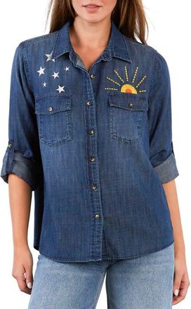 BILLY T Hello Sunshine Embroidered Button-Up Shirt in Dusk Denim at Nordstrom, Size X-Small