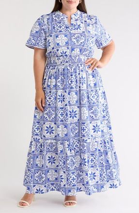 Sugarlips Arbor Belraj Floral Tile Cotton Poplin Maxi Dress in Blue/white at Nordstrom, Size 2X