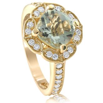 Pompeii3 4 1/2Ct Green Amerthyst Cushion & Diamond Ring in 10k Yellow Gold