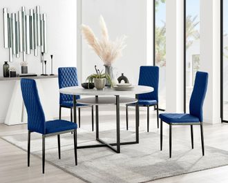Furniturebox Adley Grey Concrete Effect & Black Round Dining Table with Shelf & 4 Velvet Milan Dining Chairs in Navy