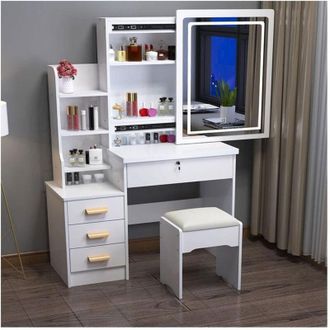 Trade Shop Trade Shop - Conjunto De Art&iacute;culos De Tocador De Maquillaje Cosm&eacute;tico Con Taburete De Cajones De Espejo Led Suave - Blanco