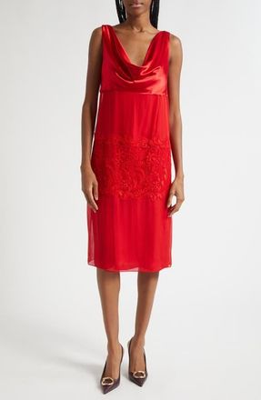 Ferragamo Lace Trim Cowl Neck Satin & Chiffon Shift Dress in New Red at Nordstrom, Size 10 Us