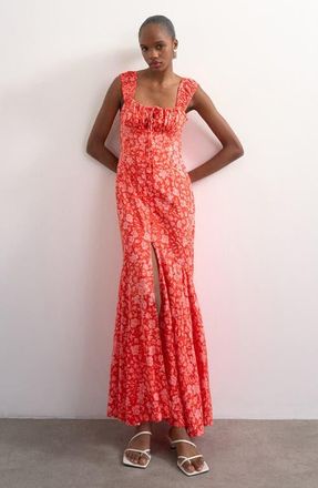Topshop Button Front Cap Sleeve Maxi Dress in Red at Nordstrom, Size 14 Us
