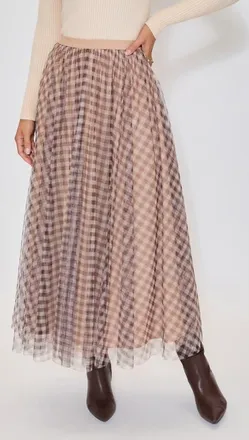 VICI Collection Maple Hill Gingham Maxi Skirt in Taupe at Nordstrom, Size X-Large