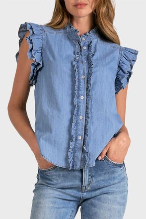 Elan Chambray Flutter Sleeve Top In Denim