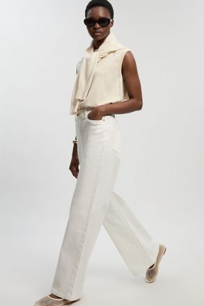 Karen Millen Womens Petite Denim High Waist Wide Leg Jean - Cream Cotton - Size 14 UK