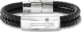 Ross-Simons Mens Stainless Steel Cross Bracelet With Black Leather