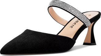 Castamere Women Mid Heel Pointed Toe Slip-on Pumps Court Shoe Rhinestone Crystal Mules Shoes Wedding Prom 6.5 CM Heels Black 7.5 UK