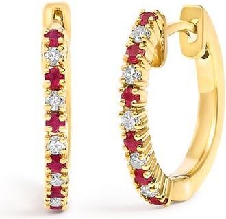 House of Brilliance 10K Gold Alternating Diamond and Red Ruby Huggy Hoop Earrings in Yellow at Nordstrom