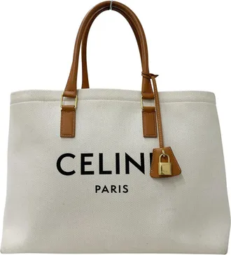 Celine Brown White Canvas Handbag Tote Bag (Pre-Owned)