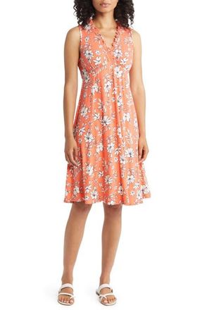 Loveappella Floral Print Ruffle Empire Waist Dress in Coral/Ivory at Nordstrom, Size X-Small