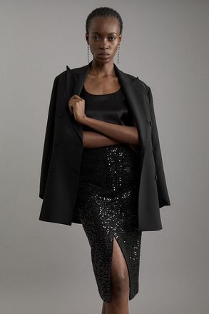 Karen Millen Womens Sequin Tweed Tailored Midi Skirt - Black - Size 10 UK