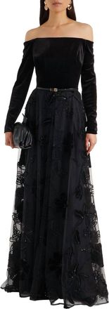 Elie Saab Velvet Tulle Embroidered Long Dress In Black