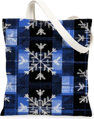 Generic Winter Snowflake Canvas Tote Bags, Vintage Plaid Pattern Reusable Grocery Bags, Lightweight Washable Shoulder Strap Canvas, Blue, 13x15 Inch