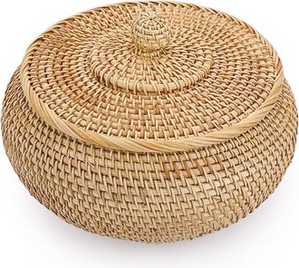 OEM Cesta De Almacenamiento De Rat&aacute;n Con Tapa, Caja Decorativa, Organizador Para Estante, Hogar, Cocina (22x13cm)