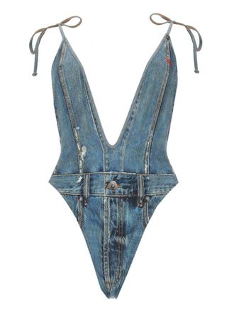 Diesel Black Effetto Denim Polyester-Blend High-Cut One-Piece Swimsuit